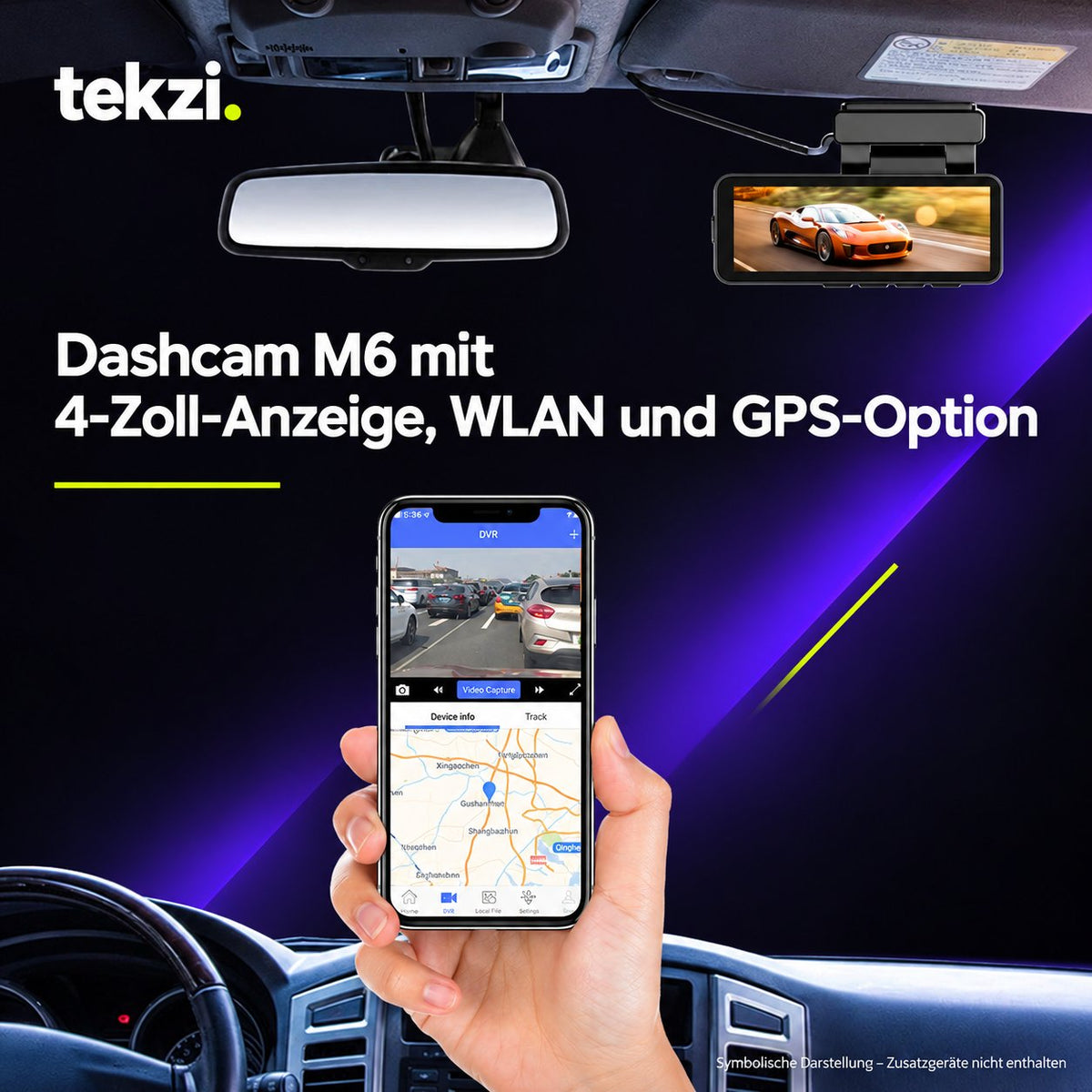 tekzi Dashcam M6 mit 4-Zoll-Anzeige, WLAN und GPS-Option – Ansicht 7 im TEKZI-Design