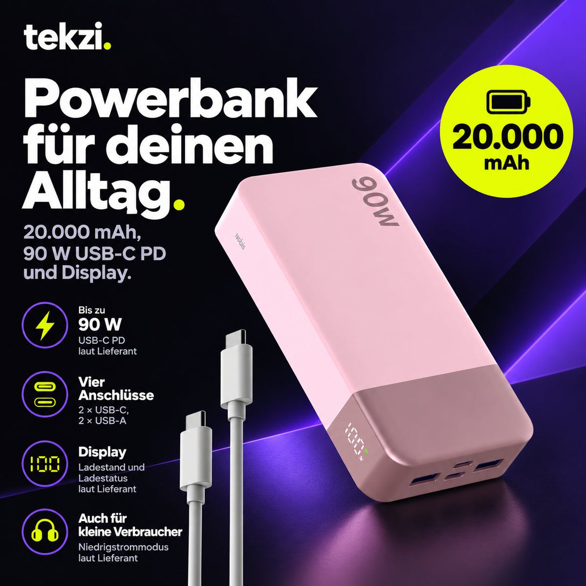 tekzi Powerbank mit 20.000 mAh, 90 W USB-C PD und Display – Produktansicht 7 im TEKZI-Design