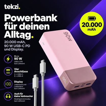 tekzi Powerbank mit 20.000 mAh, 90 W USB-C PD und Display – Produktansicht 7 im TEKZI-Design