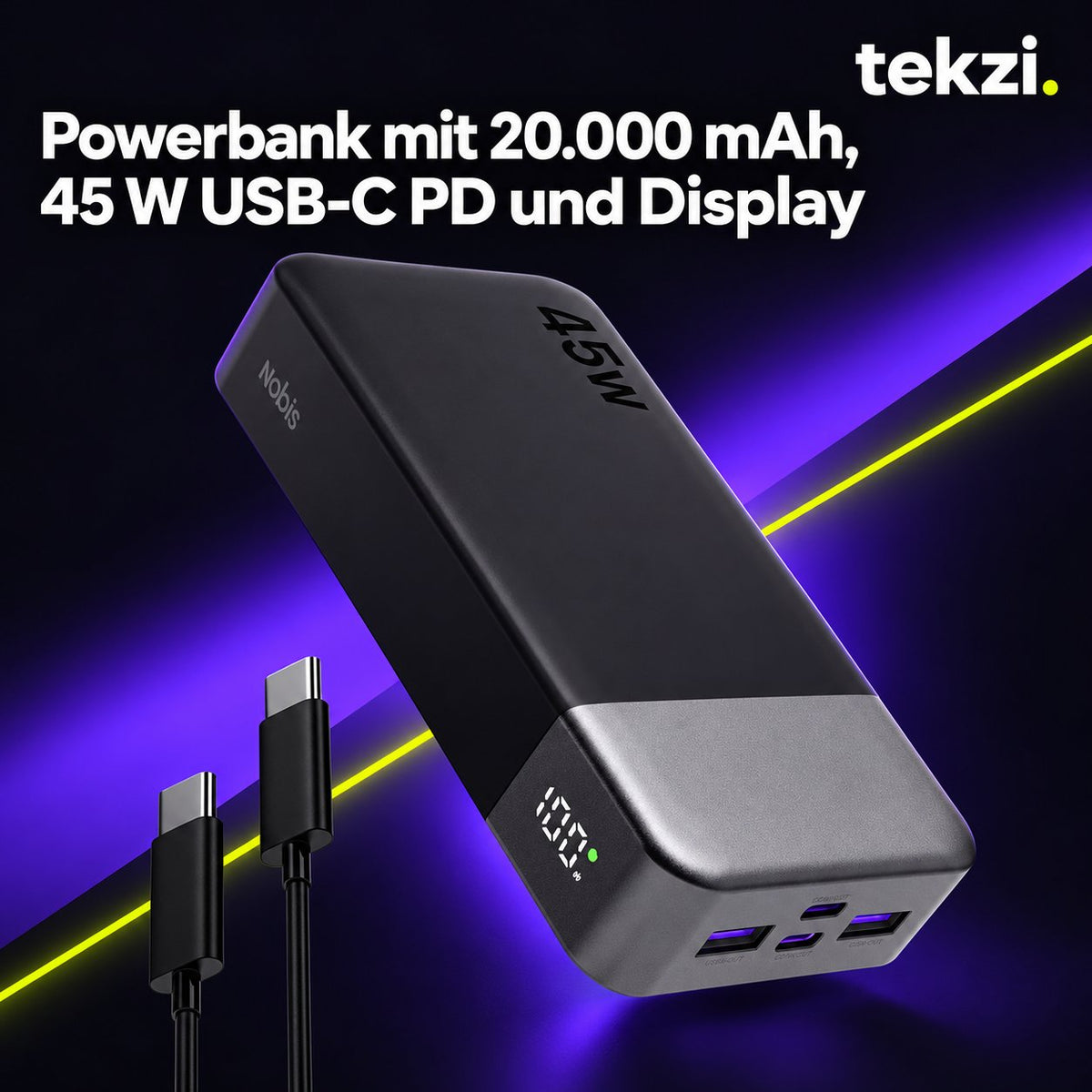 tekzi Powerbank mit 20.000 mAh, 45 W USB-C PD und Display – Ansicht 11 im TEKZI-Design