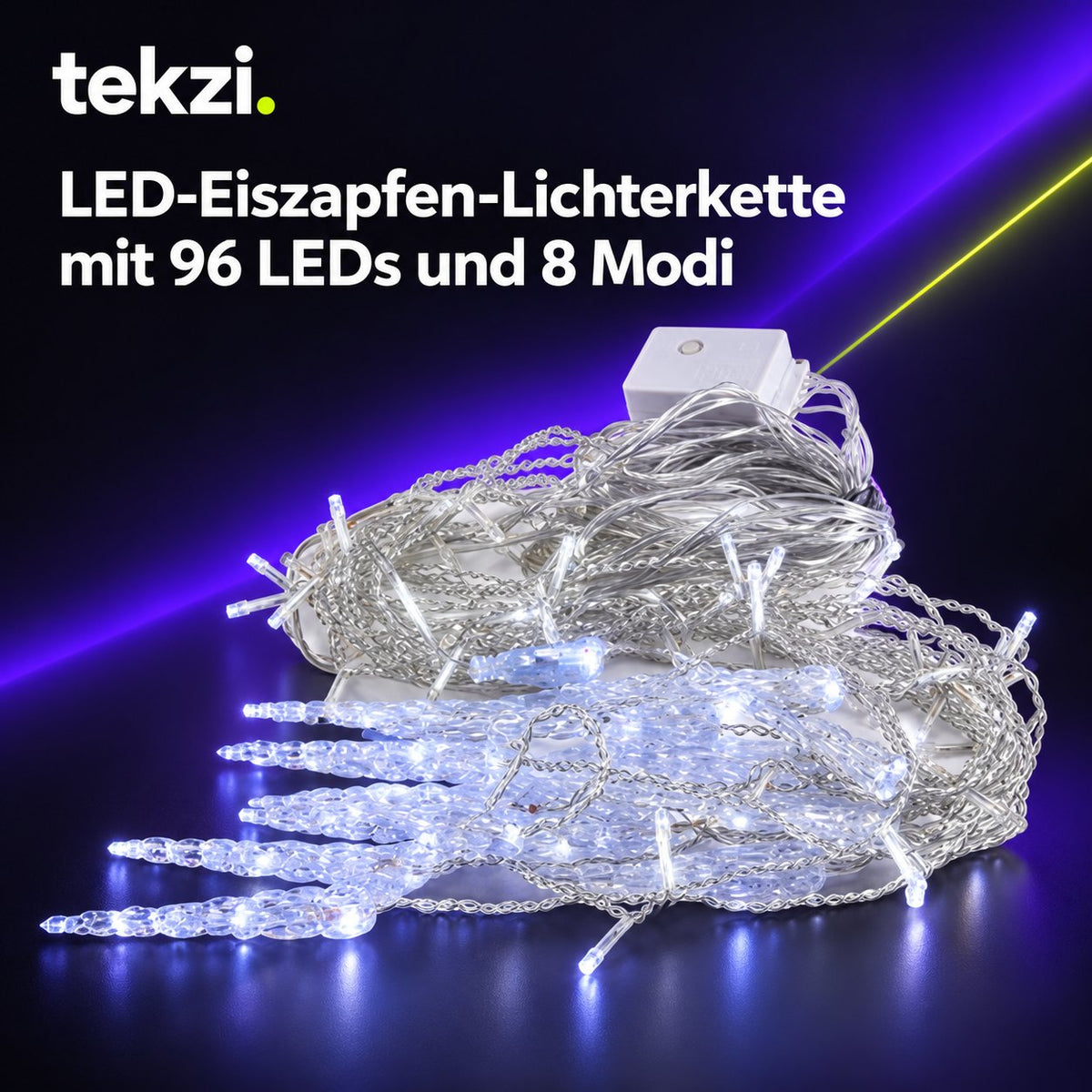 tekzi LED-Eiszapfen-Lichterkette mit 96 LEDs und 8 Modi – Ansicht 7 im TEKZI-Design