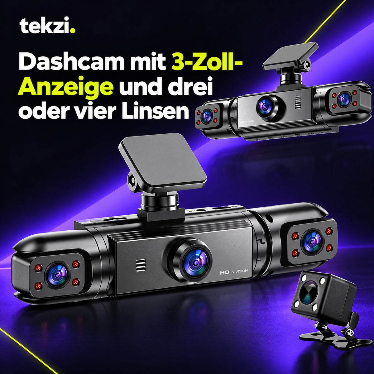 tekzi Dashcam mit 3-Zoll-Anzeige und drei oder vier Linsen – Ansicht 2 im TEKZI-Design