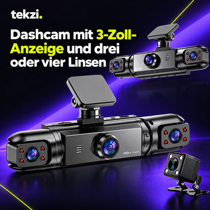 tekzi Dashcam mit 3-Zoll-Anzeige und drei oder vier Linsen – Ansicht 2 im TEKZI-Design