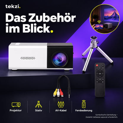 tekzi Mini-Beamer mit LED, Standfuß und Fernbedienung – Produktansicht im TEKZI-Design